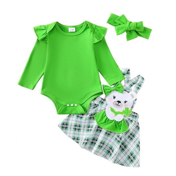 Newborn Baby Girl Fly Sleeved Long Sleeved Round Neck Romper Green Plaid Back Strap Skirt Headband Set 3PCs Infant Outfits