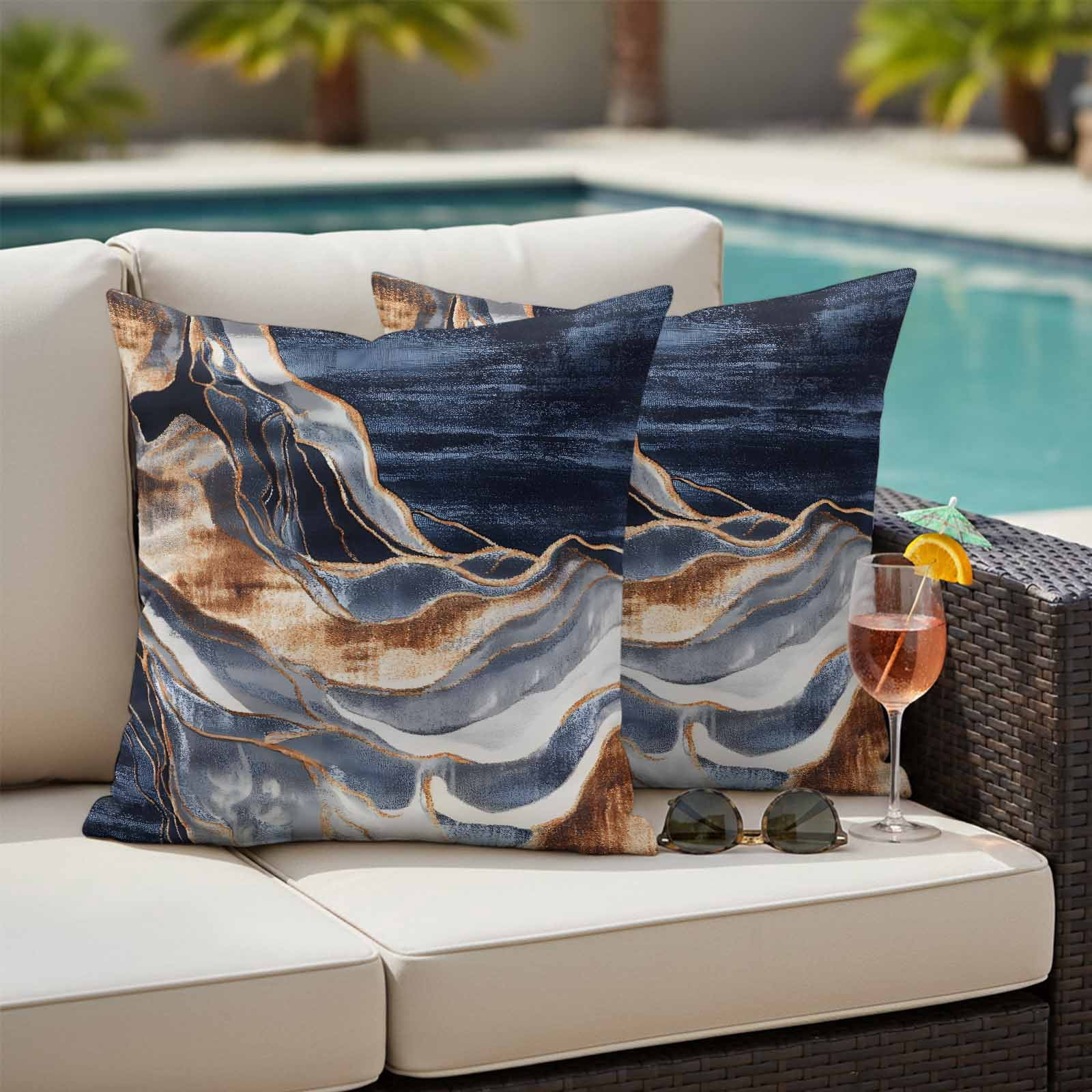 Outdoor Pillow Cover Abstract Blue Brown Wave Set of 2 Waterproof Throw Pillowcases Modern Art Decorative Patio Furniture Pillows for Couch Garden Indoor & Outdoor Use