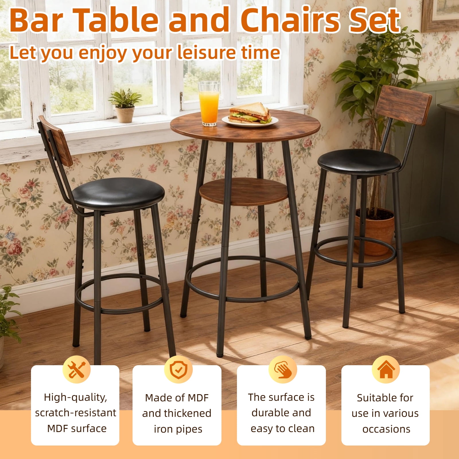 Bar Table Set, 3-Piece Round Dining Table with 2-Tier Storage and 2 PU Upholstered Stools, Compact Design for Small Spaces and Apartments, 23.62 Inch Diameter Brown