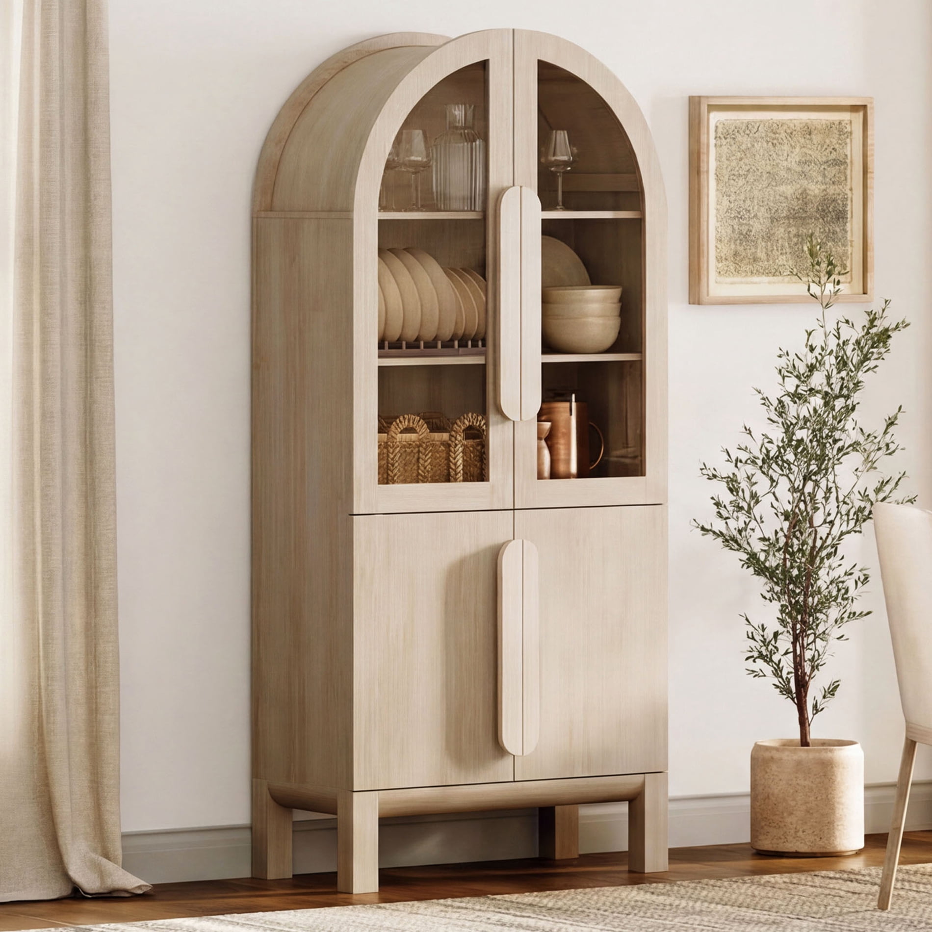 71" Tall Arched Kitchen Pantry Cabinet, Wood Bookcase Display Cabinet With Glass Doors And Adjustable Shelves, Mid-Century Modern Versatile Cupboard For Dining Room, Bedroom