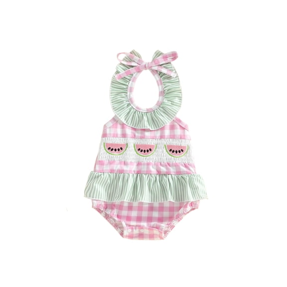 BemeyourBBs Newborn Baby Girl Swimsuit Infant Bathing Suit Girl Plaid Watermelon Embroidered Tie-up Sleeveless Ruffle One Piece Swimwear Summer Beach Swim Suit