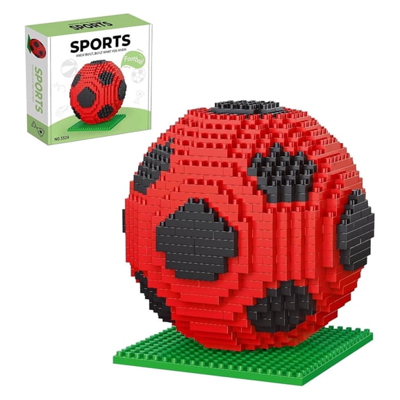 Red Soccer Ball Building Block Set, Challenging STEM Block Decorations, Miniature 3D Educational Toys for Ages 14 15 16 and Above