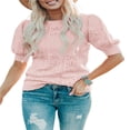 thumbnail image 1 of QJUHUNG Women Short Puff Sleeve Sweaters Loose Lightweight Pointelle Knit Pullover Tops, 1 of 5