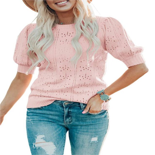 QJUHUNG Women Short Puff Sleeve Sweaters Loose Lightweight Pointelle Knit Pullover Tops