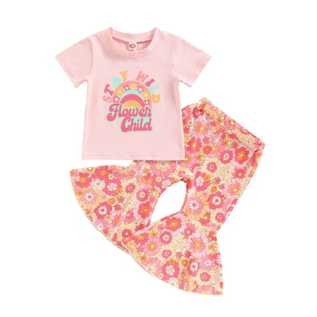 

Qtinghua Toddler Baby Girl Summer Clothes Short Sleeve Letter Print T-shirt Floral Bell Bottom Pants Outfits Pink 6-12 Months