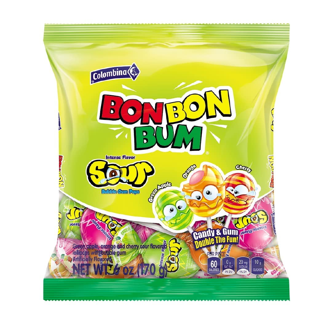 (4 pack) Colombina Bon Bon Bum Sour Bubble Gum Pops, 6 oz (Pack of 12)