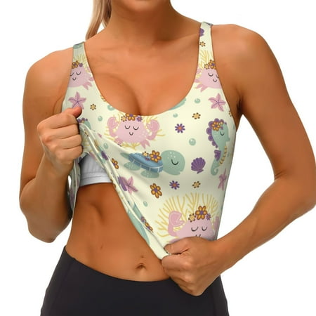 Qokaie Turtle Crab Sea Horse Pattern Womens Scoop Neck Sports Bra Breathable Workout Vest Padded U Back Medium Impact Fitness Gym Yoga Bra Workout Crop Top