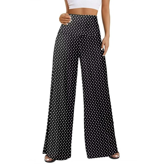 Women's Wide Leg Pants High Elastic Waistband Palazzo Lounge Pajama Flowy Pants Boho Polka Dots Printed Bell Bottom Yoga Sweatpants