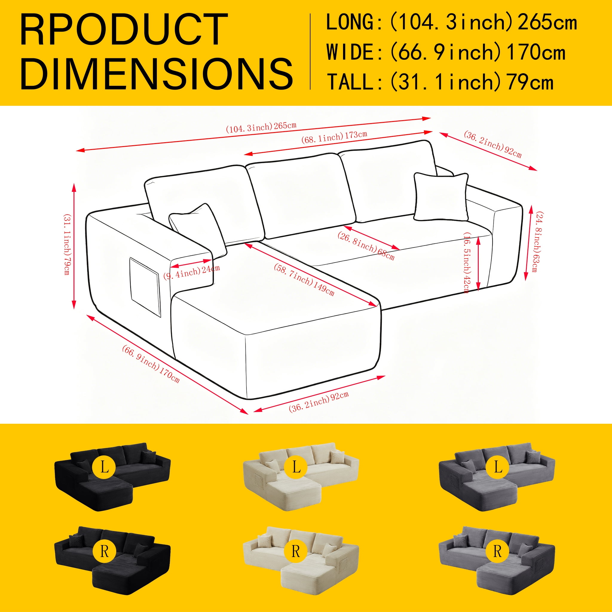 104" Cloud Sectional Sofa with Chaise, L-Shaped Corduroy Couch for Living Room, Zero Assembly, Memory Foam & Pocket Spring, Arrives in 2 Boxes, Left Facing (Beige)