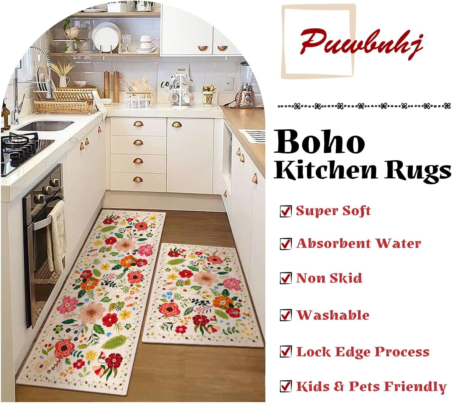 Kitchen Rugs and Mats Non Skid Washable Set of 2,Boho Floral Modern Farmhouse Bohemian Kitchen Runner Rugs with Rubber Backing for Kitchen Decor and Accessories (Green 17"x47"+17"x30")