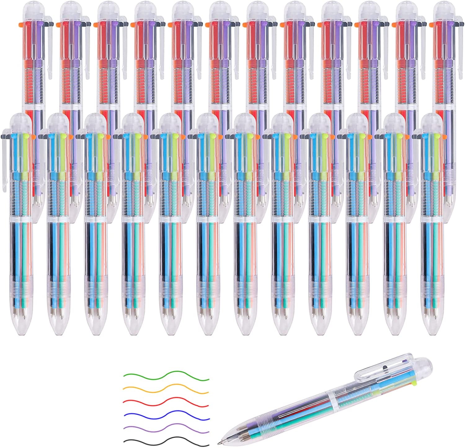 24 Pack Multicolor Ball Point Pens, 0.5mm 6-in-1 6 Colors Retractable Ballpoint Pens Transparent Barrel Ballpoint Pen for Office Supplies Gift Christmas