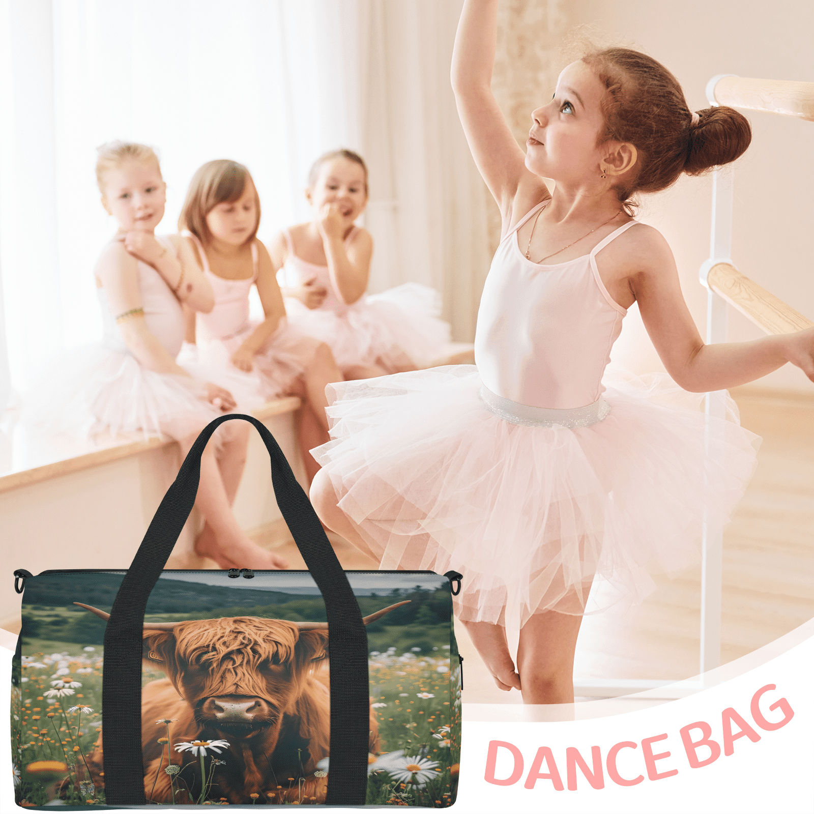 Herdesigns Highland Cow Spring Floral Gym Bag for Women, Duffle Bag for Travel Sport, Lightweight Waterproof Carry on Weekender Overnight Dance Yoga Workout Bags