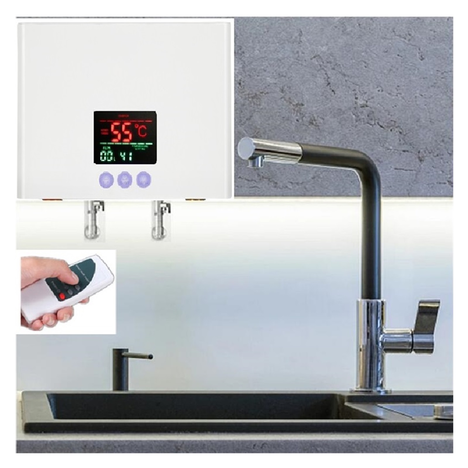 Instant Water Heater 3000W Bathroom Kitchen Wall Mounted Electric Water Heater LCD Temperature Display With Remote Control ,Safety Protections