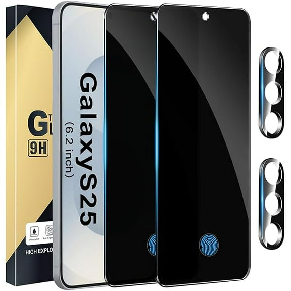 [2 2 Pack] Privacy Screen Protector Compatible with Galaxy S25 5G, 2 Tempered Film - 2 Camera Lens Glass - High Clarity - Anti-Spy Protection - Anti-Shatter - Easy Installation