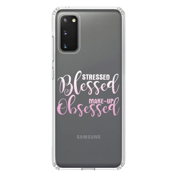 DistinctInk Clear Shockproof Hybrid Case for Galaxy S20 PLUS / 5G (6.7" Screen) - TPU Bumper Acrylic Back Tempered Glass Screen Protector - Stressed Blessed Make Up Obsessed