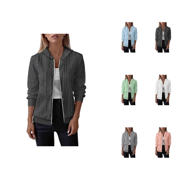 Cable Knit Hoodie for Women Fall Winter Long Sleeve Plain Zip Up Hooded Sweatshirt Jacket Coat Outerwear