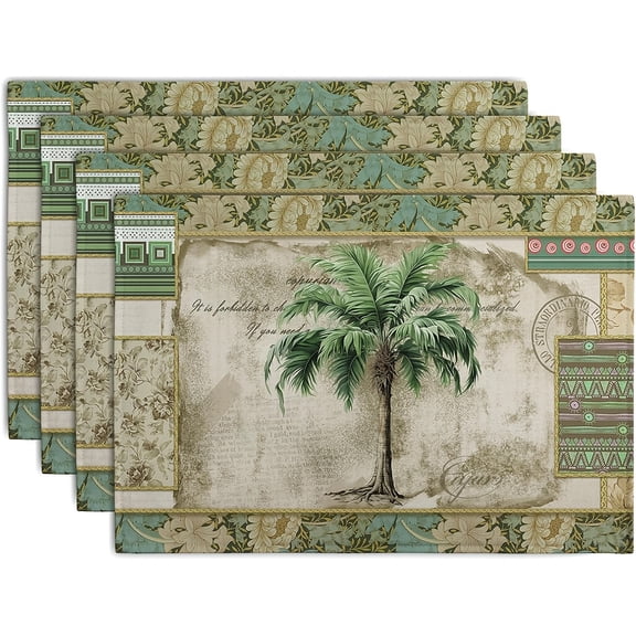 4pcs Tropical Palm Tree Placemats Set of 4 Summer Vintage Green Leaf Kitchen Table Mat 12x18 Inch Hawaii Beach Jungle Plant Tree Heat Resistant Washable Linen Place Mats for Dining Tables