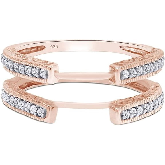 Jewelsyard Created Round Cut Moissanite White Diamond 925 Sterling Silver 14K Rose Gold Finish Cathedral Milgrain Wedding /Engagement Warp Guard Enhancer Ring For Women