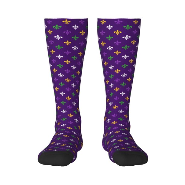 Fotbe Purple Mardi Gras Calcetas Divertidas Estampadas para Hombre y Mujer, Calcetas de Algodón hasta la Rodilla para Caminar, Correr, Enfermería y Embarazo