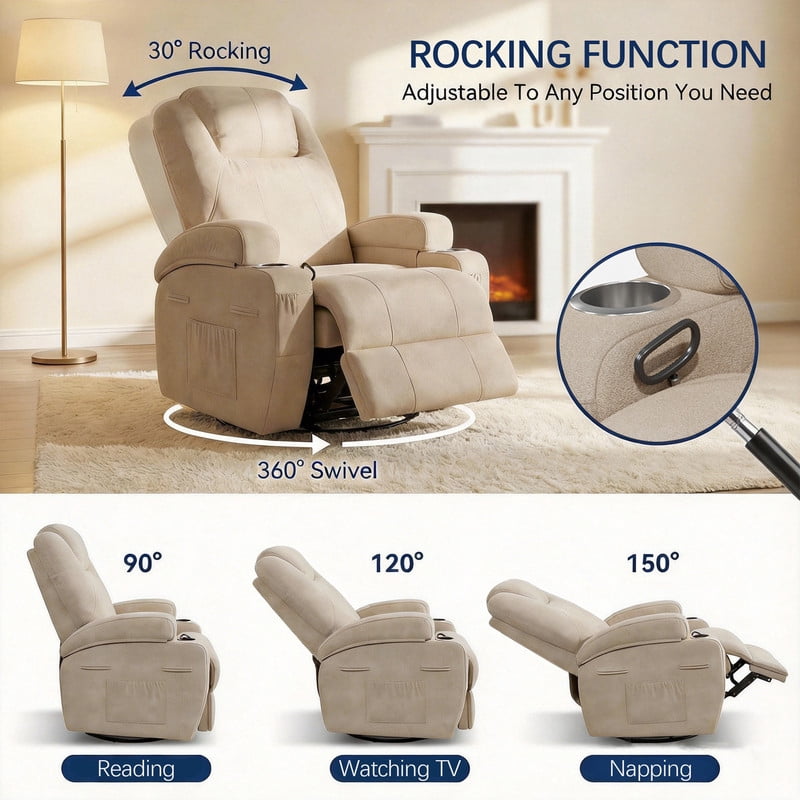 Homall 360° Swivel Rocking Recliner Massage Oversized Singal Sofa For Living Room Ergonomic High Backrest and Adjustable Recliner,Linen Beige