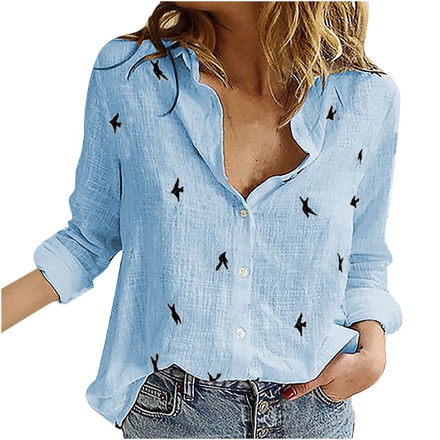 Moda mujer botones sueltos pájaro estampado solapa manga larga camisetas blusa Tops Fridja hj3685
