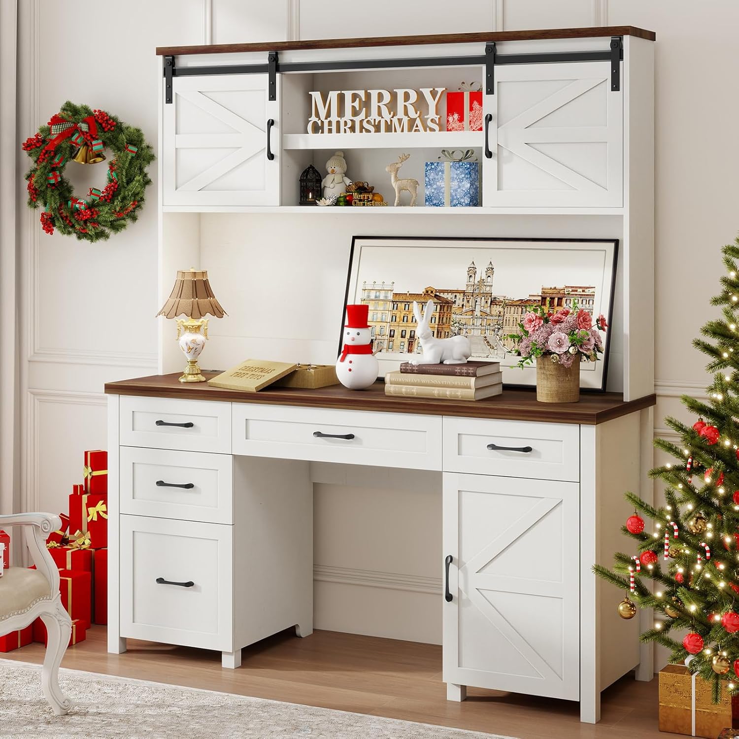 Vabches 61" W Executive Desk with Hutch, Farmhouse Office Computer Desk with 5 Drawers and Charging Station & File Cabinet, Wood Writing Study Table