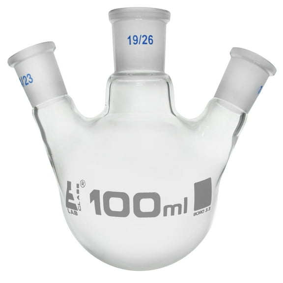 Distilling Flask, 100ml - Three Necks at Angle - Center Socket Size 19/26, Side Sockets Size 14/23 - Round Bottom - Borosilicate Glass - Eisco Labs