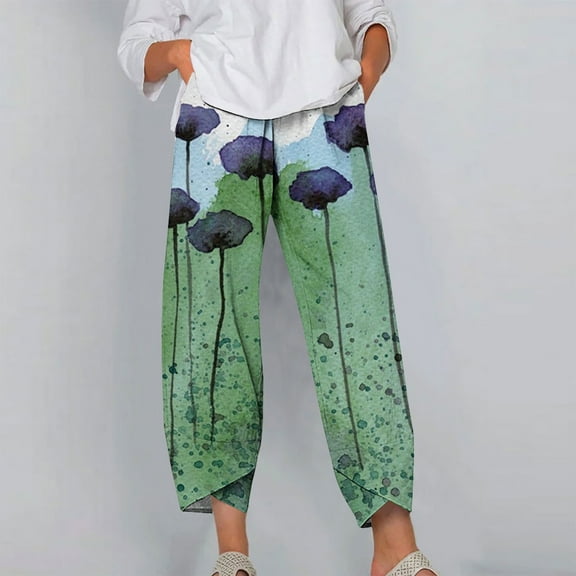 Azrian Women's Summer Casual Loose Cotton Linen Pocket Pants Womens Elastic Waist Buttons Printing Thin Stretch Skinny Pants Trousers