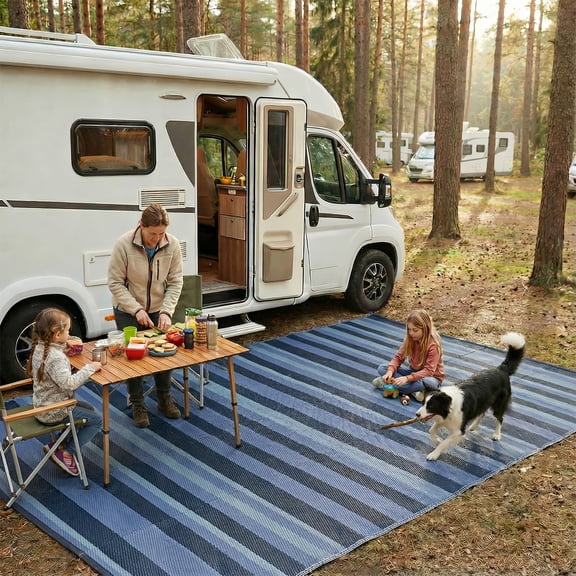Little Dove 4*6 ft Outdoor Rug Waterproof, Reversible Plastic Straw Patio Mat for RV, Deck, Balcony, Backyard, Blue stripes