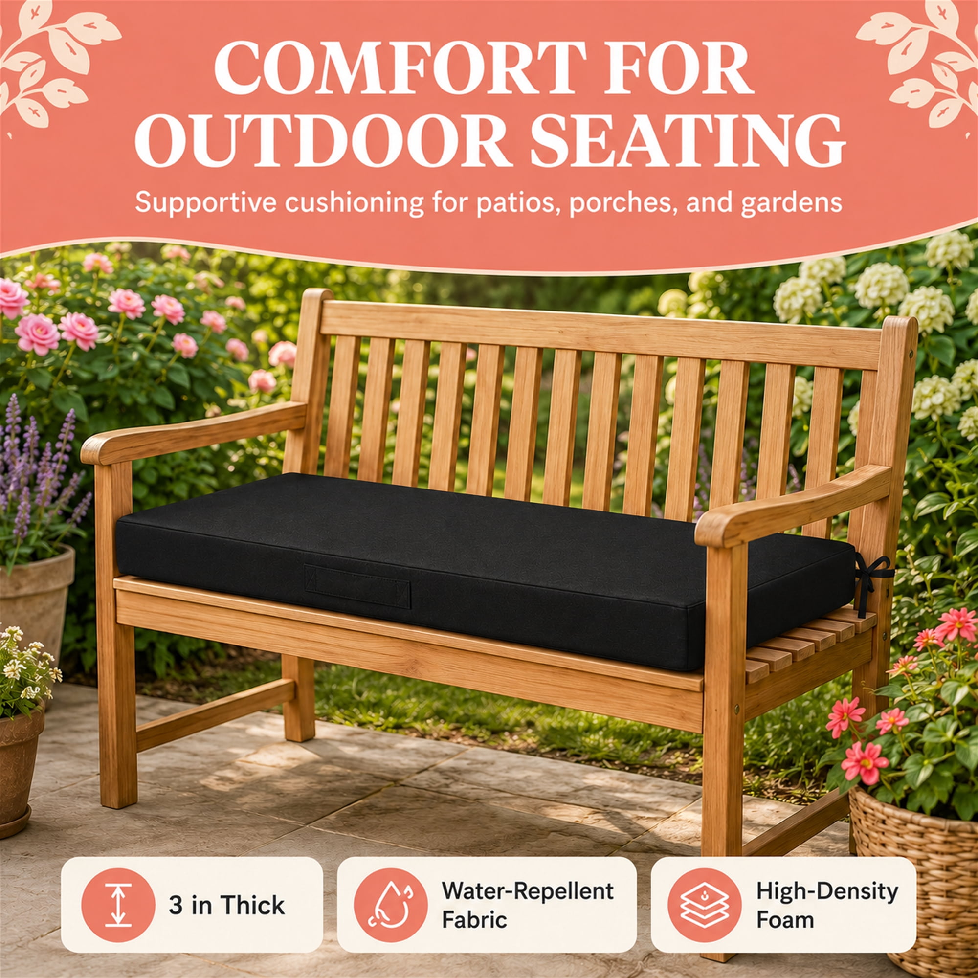 Millsilo 42" x 18" x 3" Outdoor Bench Cushion with Removable Cover, Water-Repellent UV Fade-Resistant Patio Cushion, High-Density Foam, Non-Slip Ties, Black