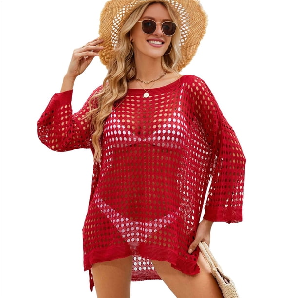 Traje de Baño de Verano para Mujer, de Crochet, de Corta, Tejido para Playa. Rojo un Tamaño