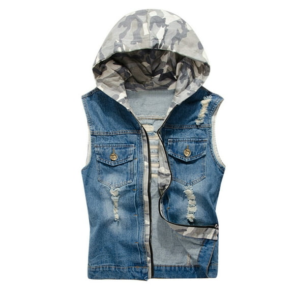 Denim Jacket Tank Tops for Men, Mens Plus Size Hoodies Solid Color Sleeveless Lapel Button Black Jean Tank Tops with Pockets and Hooded Summer