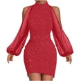 thumbnail image 1 of FAIWAD Robe en Tulle à Paillettes à Manches Longues pour Femme, Col Rond, Manches Lanterne, Coupe Ajustée, Extensible, Robe Cocktail Courte, 1 of 6