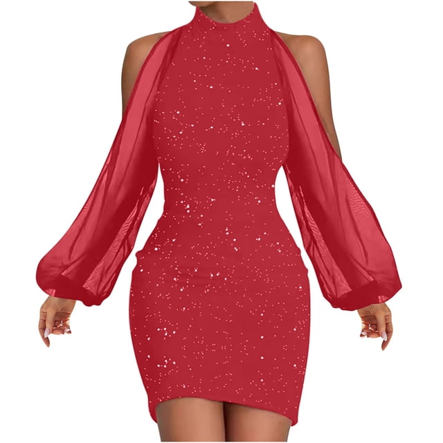 FAIWAD Robe en Tulle à Paillettes à Manches Longues pour Femme, Col Rond, Manches Lanterne, Coupe Ajustée, Extensible, Robe Cocktail Courte