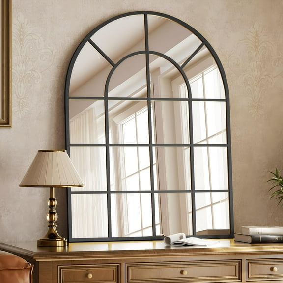 YVANLA 24"x36" Arched Window Pane Bathroom Mirror Decorative Grid Wall Mirror, Black