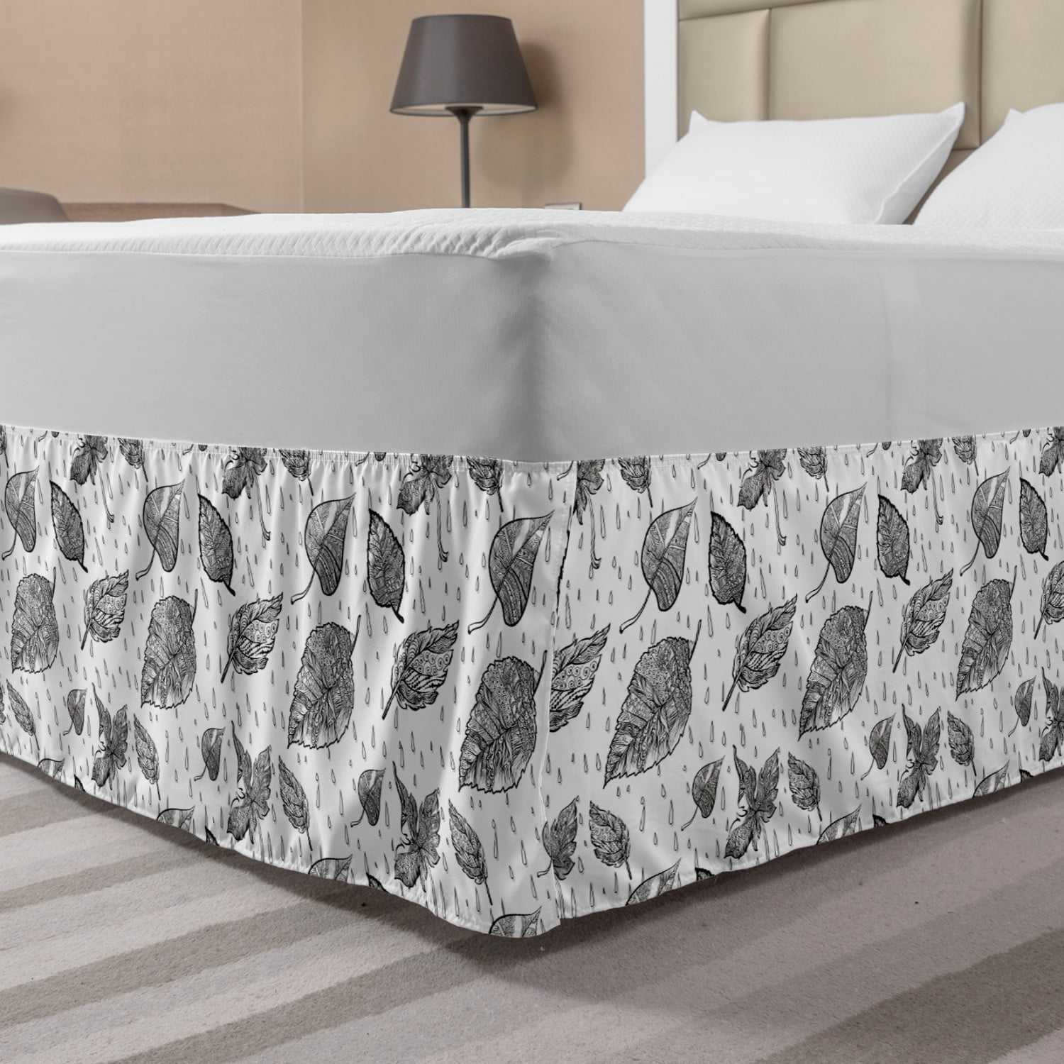 Black and White Bed Skirt, Doodle Autumn Foliage with Waterdrips Rainy