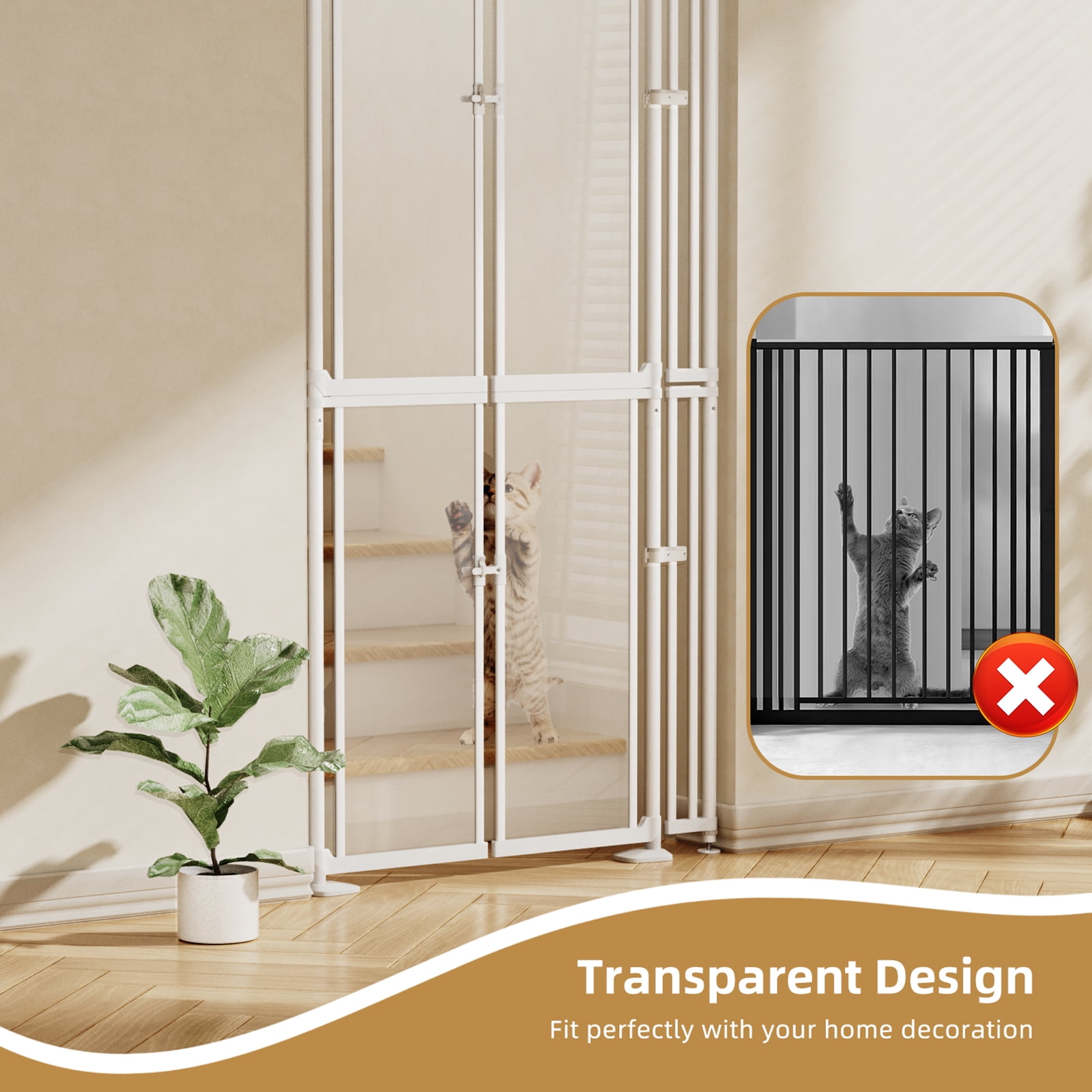 74-98" Extra Tall Cat Gate, 33.86-41.34, Transparent Double Doors, No Drilling Pressure Mount Pet Gate for Doorways/Stairs/Kitchen/Home, Auto Close, White