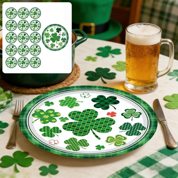 DAMAI 16 Pcs St. Patrick's Day Themed Party Tableware Set - 16-Piece Disposable Trefoil Pattern Plates, Cups & Napkins in Festive Green for Holiday Celebrations & Decor