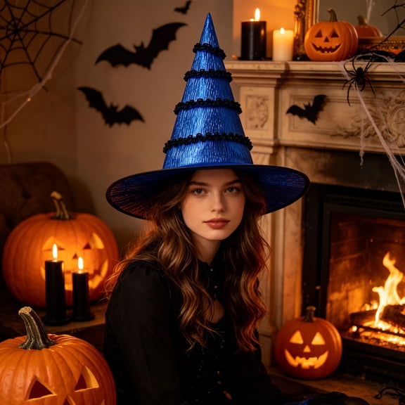 Lumtrix Women's Witch Hat – Wide Brim Gothic Halloween Costume Accessory Ruffle Lace Pointed Hats Blue One Size