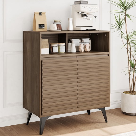 Fluted Storage Cabinet, Sideboard Buffet Cabinet with Storage & Adjustable Shelves for Living Room, Kitchen, Entryway, Nut-Brown, 2pcs