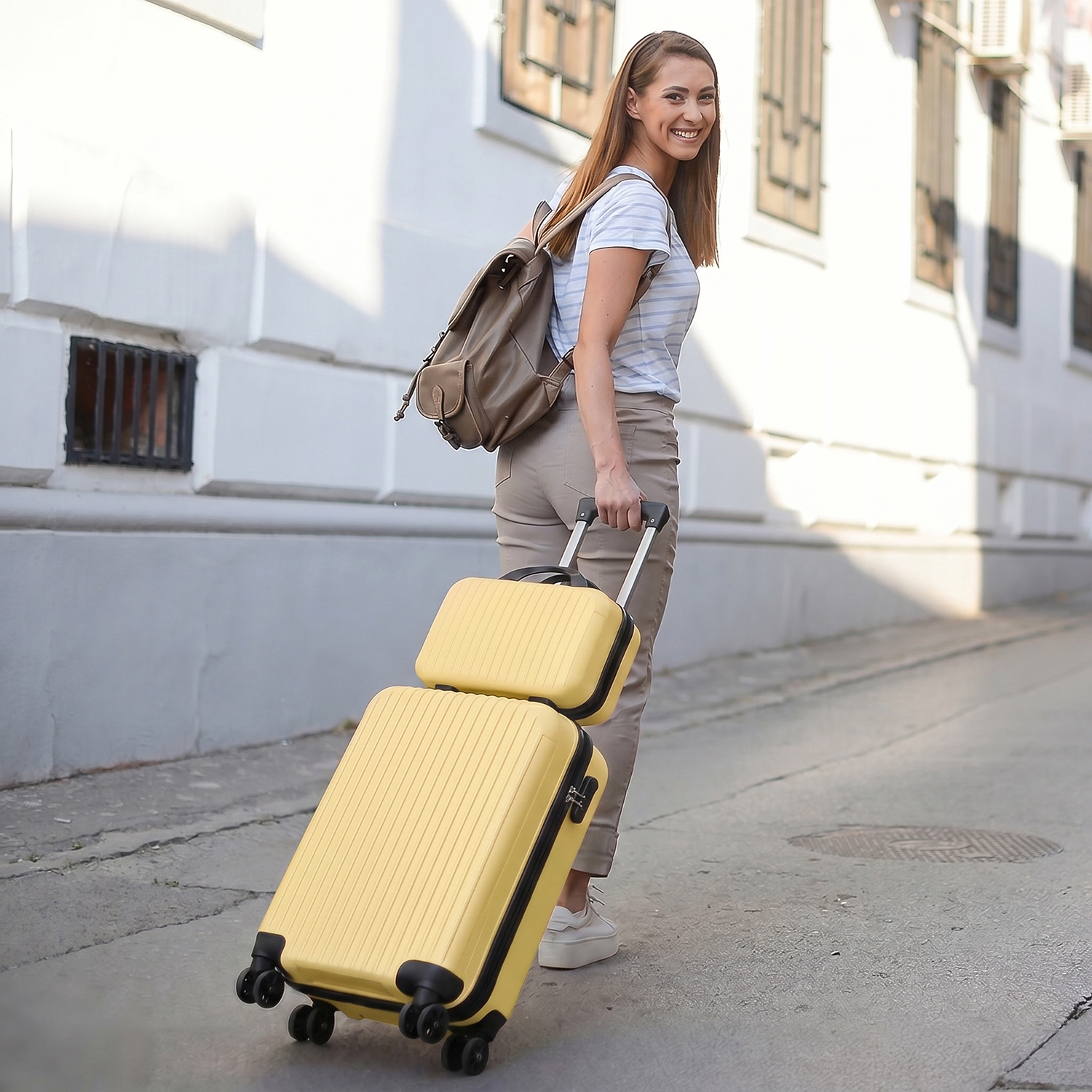 2 Piece Vertical Striped Luggage Set, Carry On Hardside Suitcase with Spinner Wheels & TSA Lock, Lightweight Travel Luggage with Cosmetic Case Yellow