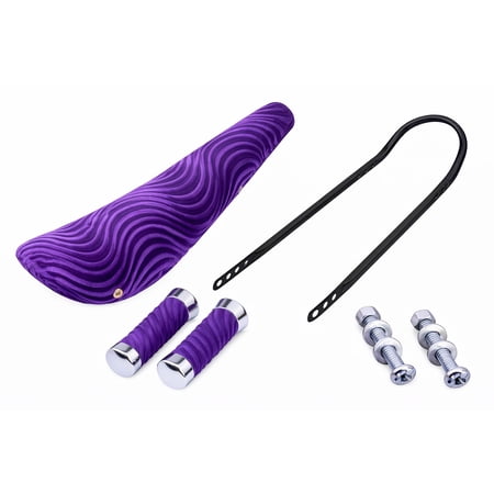 20 inch Cruiser Bicycle Parts Bundle featuring Black Low-Back Sissy Bar (24 inch) Banana Saddle Velour Purple and grips