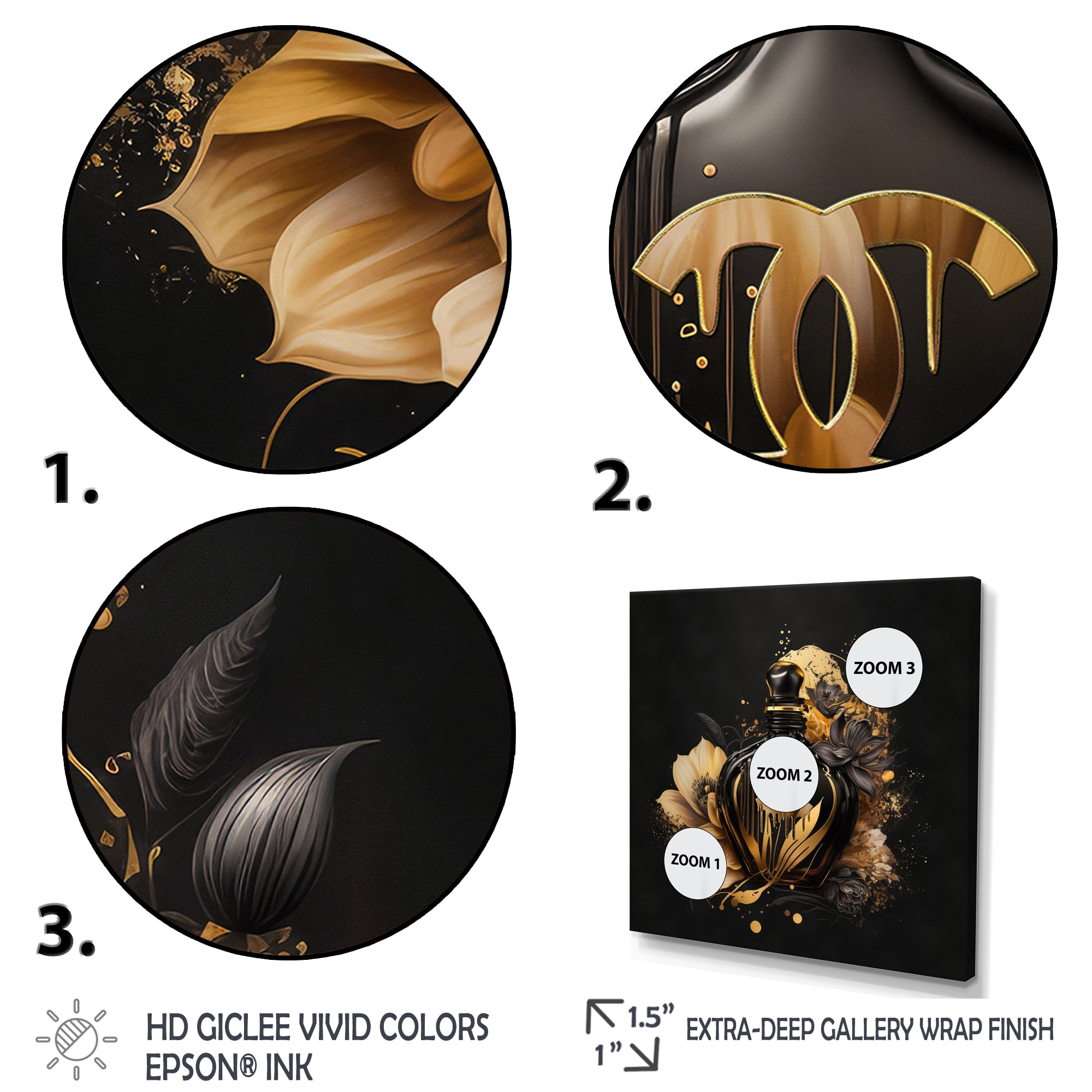 Designart Chic Black And Gold Perfume Bottle VII Canvas Wall Art
