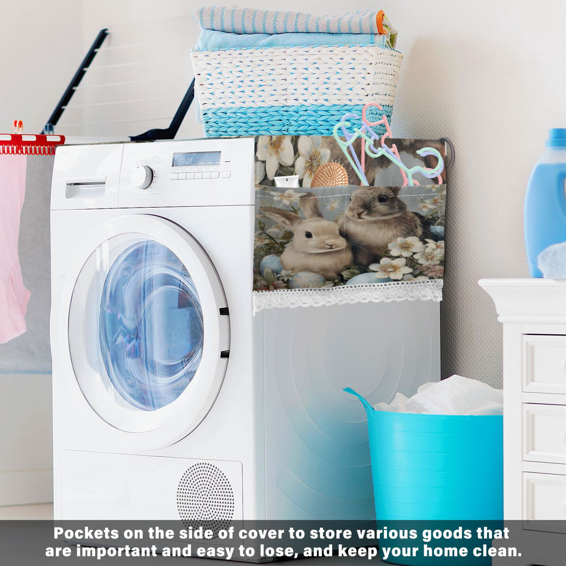 Wobogo Grey Rabbit Nest Washing Machine Cover Dustproof Washer Dryer Cover Waterproof Laundry Room Decorative Protector