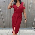 thumbnail image 2 of Summer Svings Clearance 2024! TAGOLD Womens Summer Dresses,Women's Solid Color V Neck Off The Shoulder Short Sleeve Slit Dress, 2 of 5
