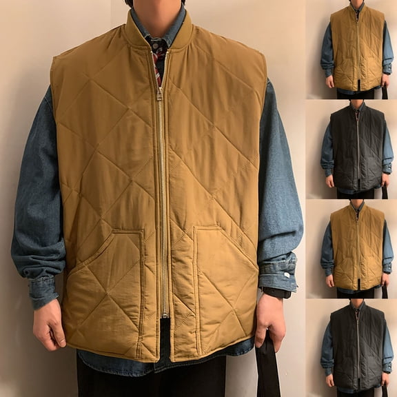 KeShDi Black Vest Men Casual Solid Color Zipper Pocket Sleeveless Hoodless Casual Outwear Jackets Brown 2X