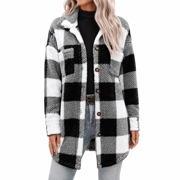 Dpjklzsn Women's Plaid Shacket Jacket, Soft Fuzzy Button Front Lapel Collar Long Sleeve Oversized Casual Winter Outerwear