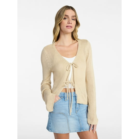 No Boundaries Tie Front V-Neck Cardigan with Bell Sleeves, Women's & Women's Plus XXS-4X