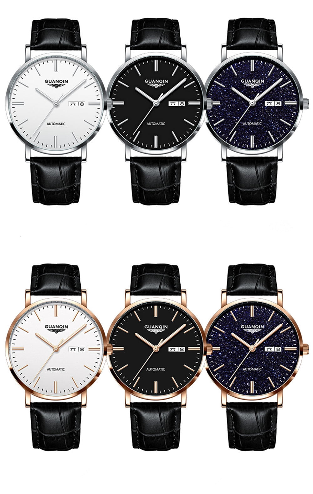 GUANQIN Automatic Mechanical Self Winding Watches for Men Day Date Luminous Steel Leather Wrist Watch