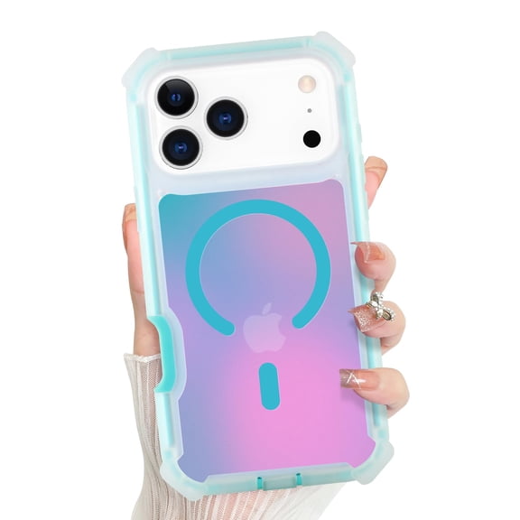 Lunvic Phone Case for iPhone 17 Pro Max, Iridescent Gradient Magnetic PC TPU Cover with Reinforced Shockproof Corners 3mm Camera Protection, Bluegreen